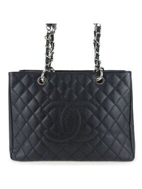 Chanel Tote Bag Grand Shopping GST Caviar Leather Black Silver Hardware Chain